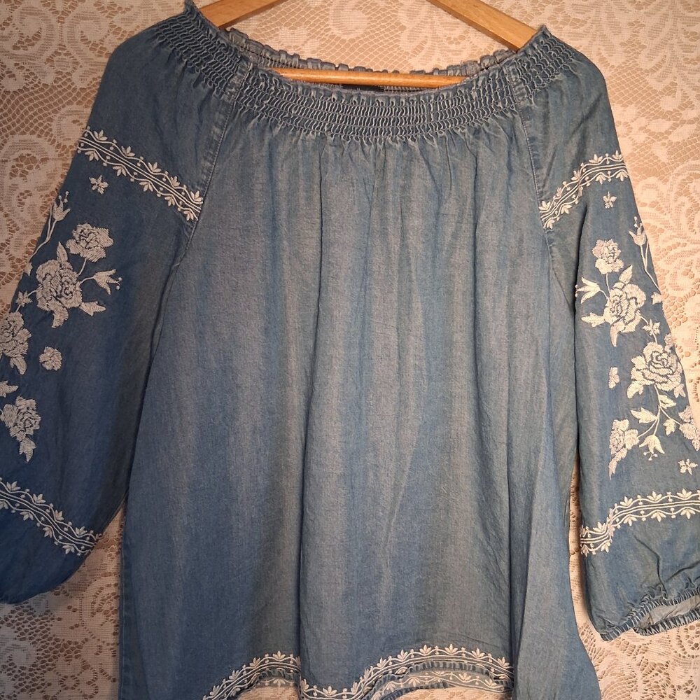 J JILL DENIM Womens Large Blue Chambray Embroidered  Pullover Peasant Boho Top